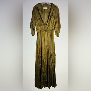 Anthropologie S Utility Satin Jumpsuit Olive Green Cargo pockets